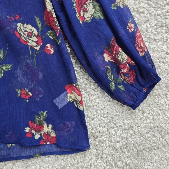 Lucky Brand Floral Sheer Tassel Blouse Womens Small‎ Blue Boho Airy Popover Top - Picture 2 of 13